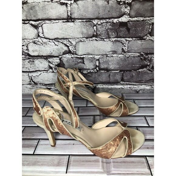 La Fenice Venezia Rose Pink Sequin Beige Suede Open Toe Heels Women Sz 10M US/41 - Picture 10 of 16